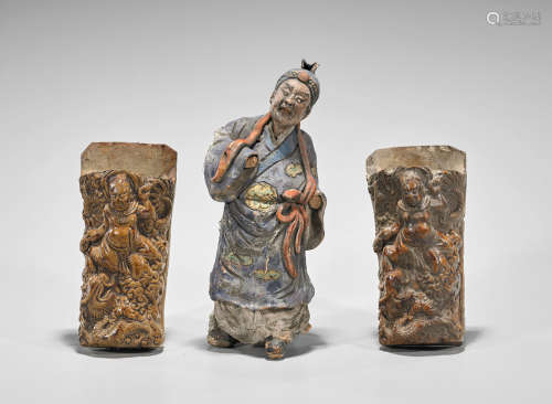 Three Chinese Ceramic Items: Wall Vases & Standing Figure