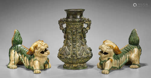 Three Chinese Items: Bronze Vessel & Sancai Lions