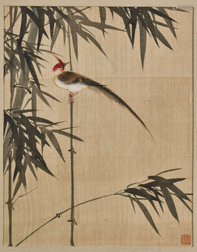 Vintage Chinese Silk Painting: Bird in Bamboo
