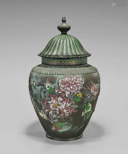 Large Antique Japanese Champleve Covered Vase