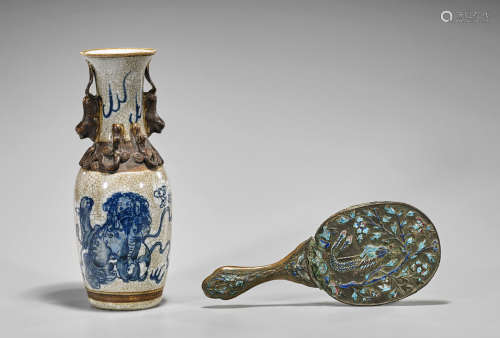 Two Antique Chinese Items: Crackle-Glazed Vase & Enameled Mirror