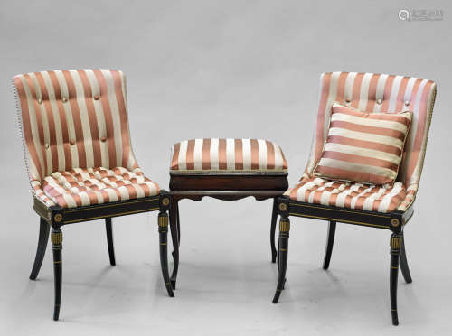 Pair Pink Striped Chairs & Matching Seat