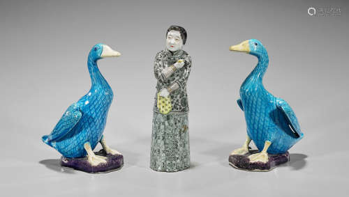 Three Chinese Porcelains: Figure & Geese