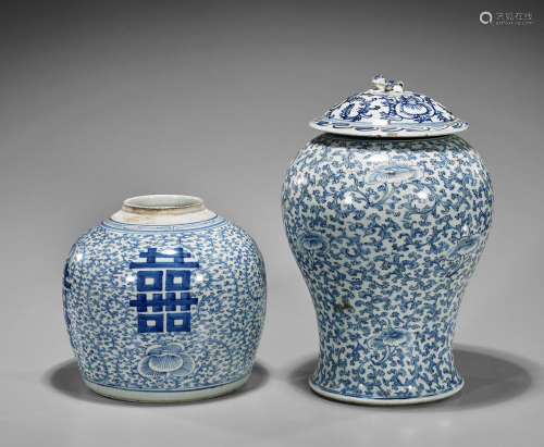 Two Antique Chinese Blue & White Porcelain Jars