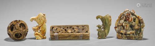 Five Various Chinese Carved Soapstone & Hardstone Items
