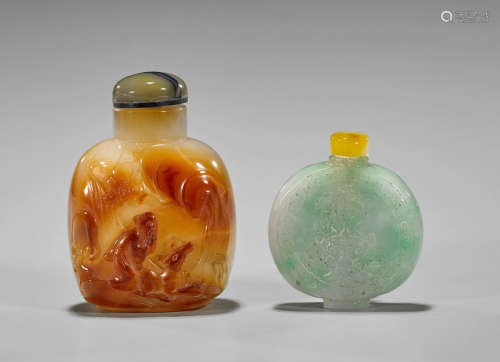 Two Snuff Bottles: Cameo Agate & Jade/Hardstone