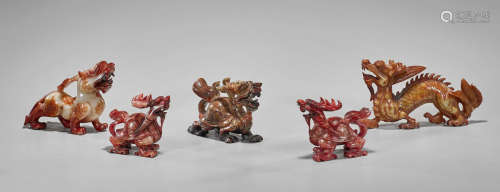 Five Chinese Hardstone Carvings: Lion, Dragon & Dragon Turtles