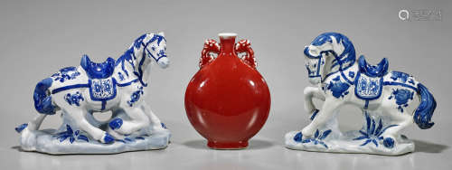 Three Chinese Porcelain Items: Moonflask & Horses