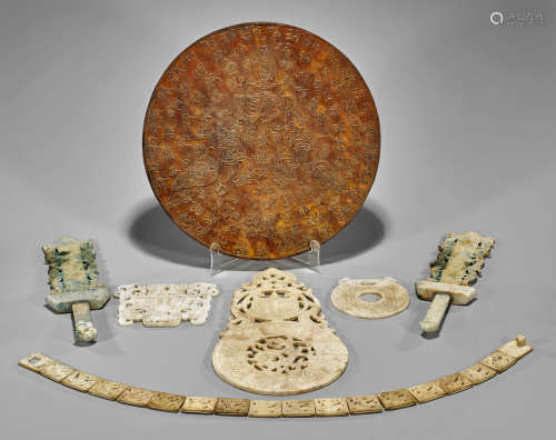 Seven Archaistic Chinese Items: Plaques, Swords & Belt