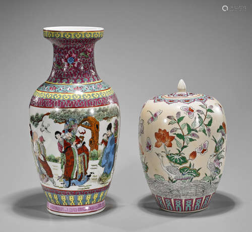 Two Chinese Enameled Porcelains: Vase & Jar