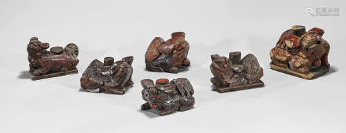 Six Antique Carved Wood Lions