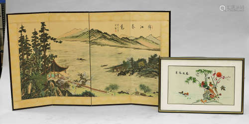 Two Chinese Artworks: Four-Panel Screen & Embroidery