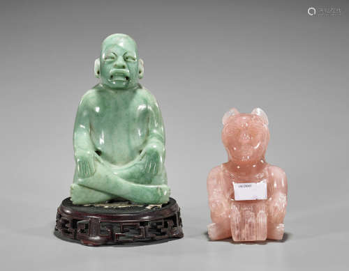Two Pre-Columbian-Style Carved Figures: Aventurine & Rose Quartz