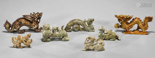 Seven Archaistic Chinese Dragon & Lion Carvings