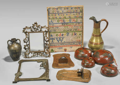 Eight Various Items: Metalwork & Embroidery