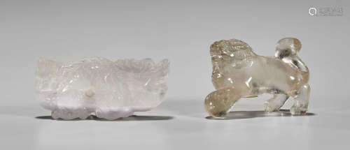 Two Chinese Carvings: Rock Crystal Lion & Fluorite Dragon