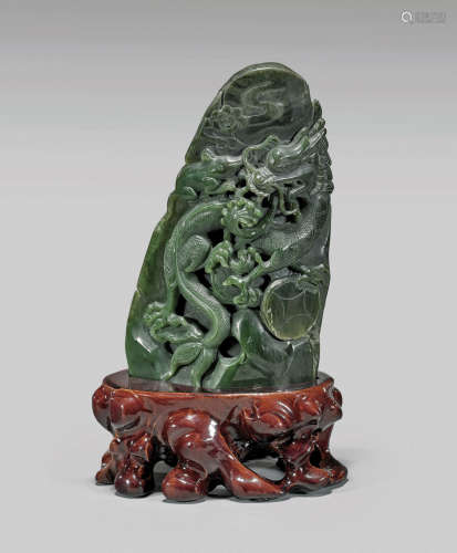 CARVED SPINACH JADE DRAGON PLAQUE