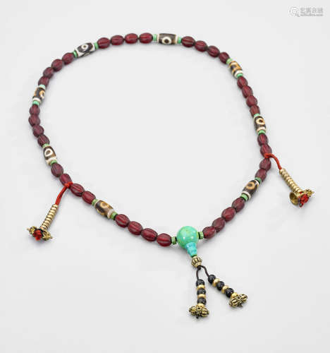 OLD CHINESE NECKLACE: Dzi, Glass & Turquoise