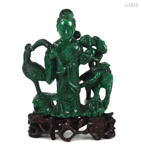 Chinese Carved Malachite Figure on Wood Stand