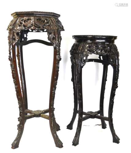 Two Tall Chinese Wood Carved Stands w Marble