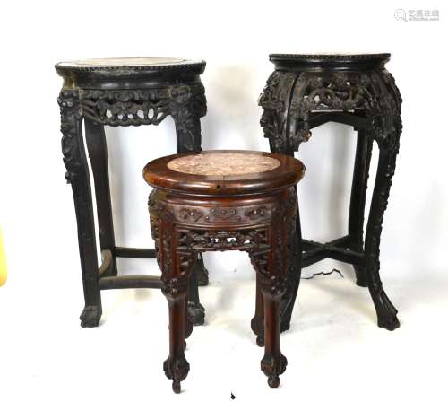 Three Chinese Wood Carved Stands w Marble