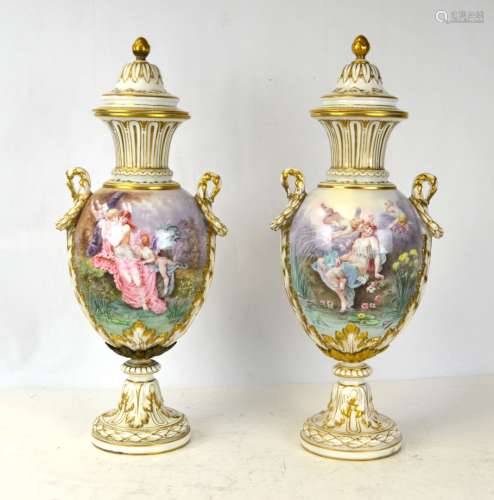 Pr Sevres Porcelain Urns Vases with Covers
