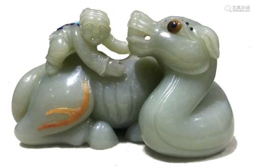 Chinese Carved Celadon Jade Horse w. Boys
