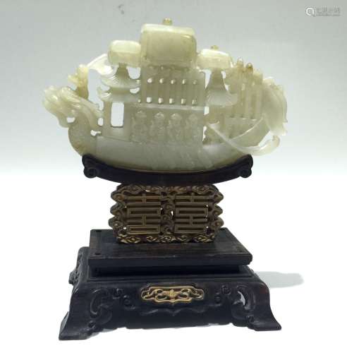 Chinese Carved Jade  Dragon Boat on Wood Stand