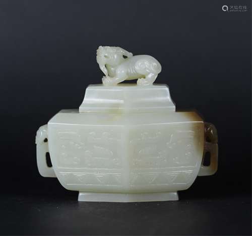 CHINESE WHITE JADE TAOTIE MASK FOOLION CENSER