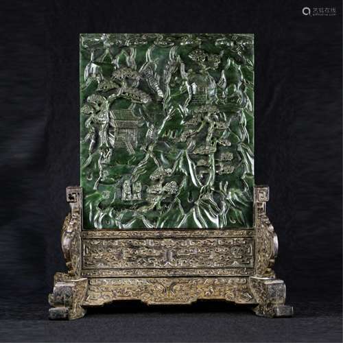 CHINESE SPINACH JADE TABLE SCREEN WITH STAND