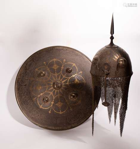 ANTIQUE ISLAMIC PERSIAN HELMET AND SHIELD