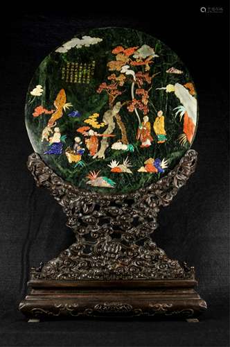 CHINESE SPINACH JADE TABLE SCREEN WITH INLAID