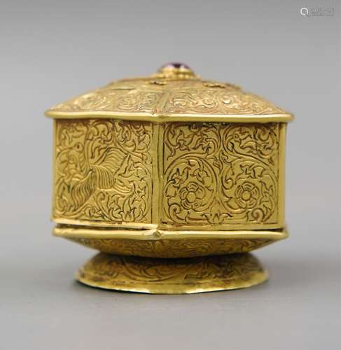 WD 15TH C GOLD COVER BOX INLAID GEMSTONE