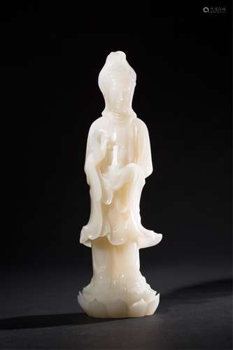 CHINESE WHITE JADE CARVED FIGURE OF GUANYIN