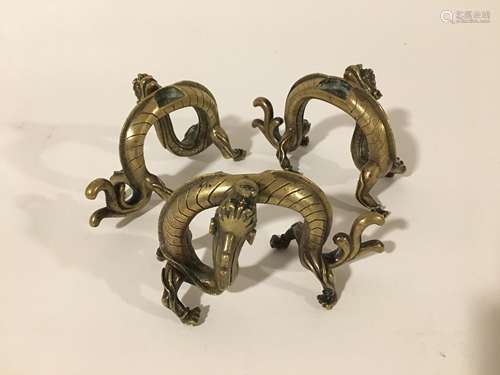 CHINESE BRONZE CHILONG DRAGON STAND, 3 SET