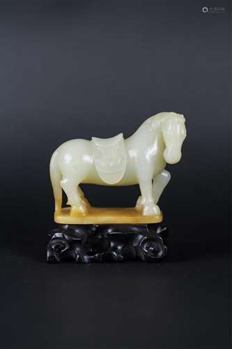 CHINESE WHITE JADE FIGURE OF HORSE ON A STAND