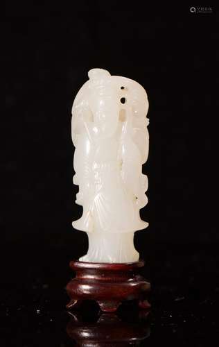 CHINESE WHITE JADE FISHERMAN TOGGLE WITH WOODEN ST