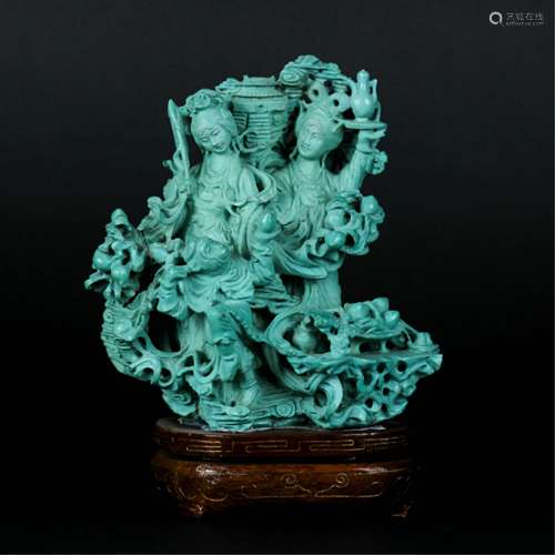 CHINESE TURQUOISE CARVED MONKEY KING AND BEAUTY