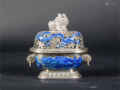 CHINESE SILVER ENAMEL DRAGON COVER CENSER