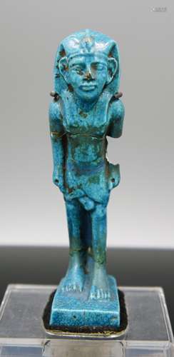 EGYPTIAN POTTERY GLAZED FIGURE OF A PHARAOH