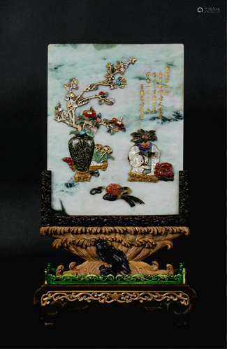 CHINESE JADEITE TABLE SCREEN WITH INLAID