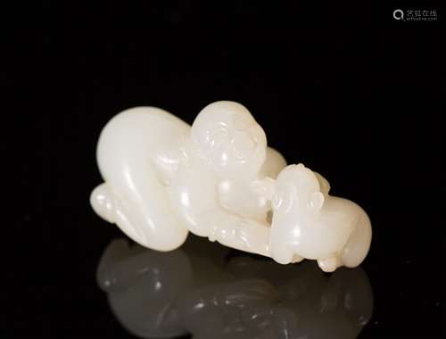 CHINESE WHITE JADE BOY WITH FOOLION