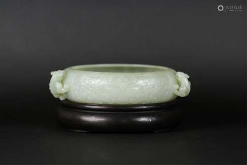 CHINESE CELADON JADE BRUSH WASHER CHILONG HANDLE