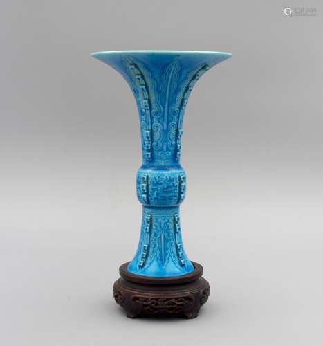 CHINESE PEACOCK BLUE GLAZED GU VASE WITH MARK