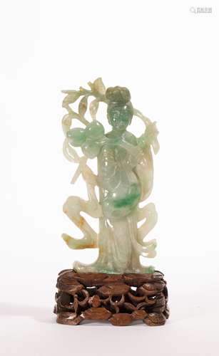 CHINESE JADEITE FIGURE OF LADY ON HARDWOOD STAND