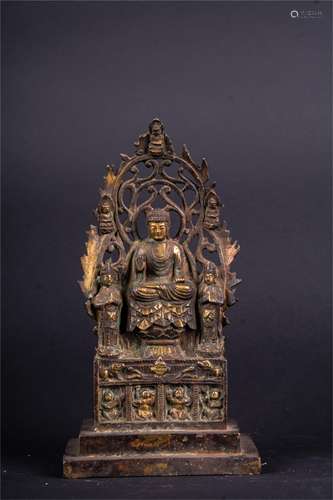 CHINESE GILT BRONZE FIGURE OF BUDDHA AND ATTENDANT