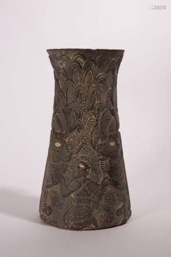 NEAR EASTERN STONE CARVED VASE WITH ANIMALS AND FI