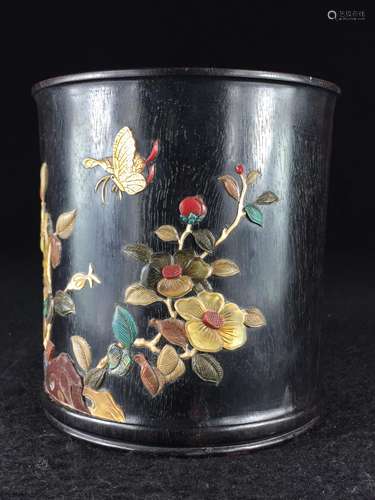 CHINESE HARDWOOD BRUSH POT WITH INLAIDS