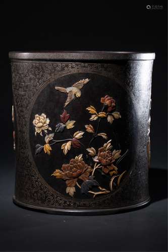 CHINESE HARDWOOD BRUSH POT WITH INLAID