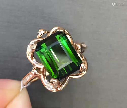 4.8 CT GREEN TOURMALINE ON DIAMOND GOLD RING